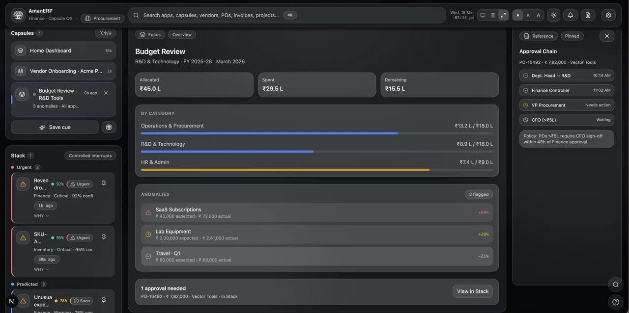 Stack panel showing urgent and predicted items