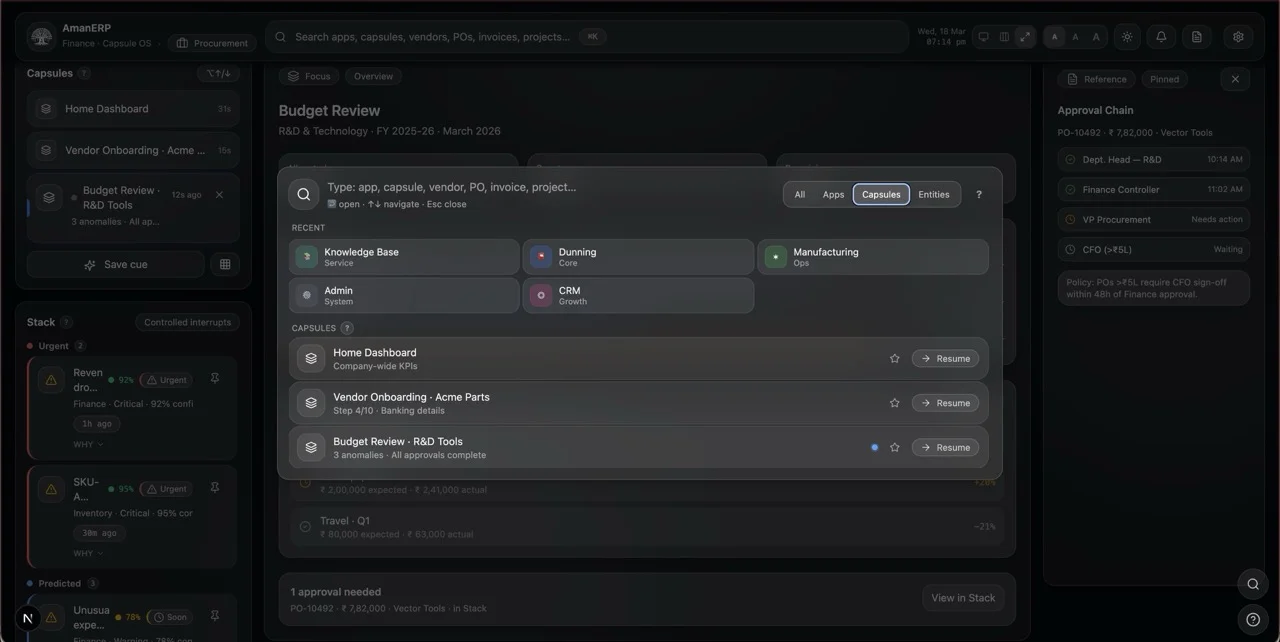 Compass search overlay with recent items and apps