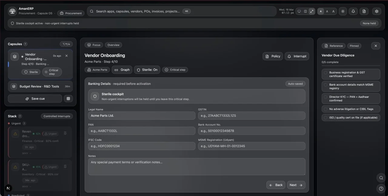 Vendor onboarding with sterile cockpit active banner